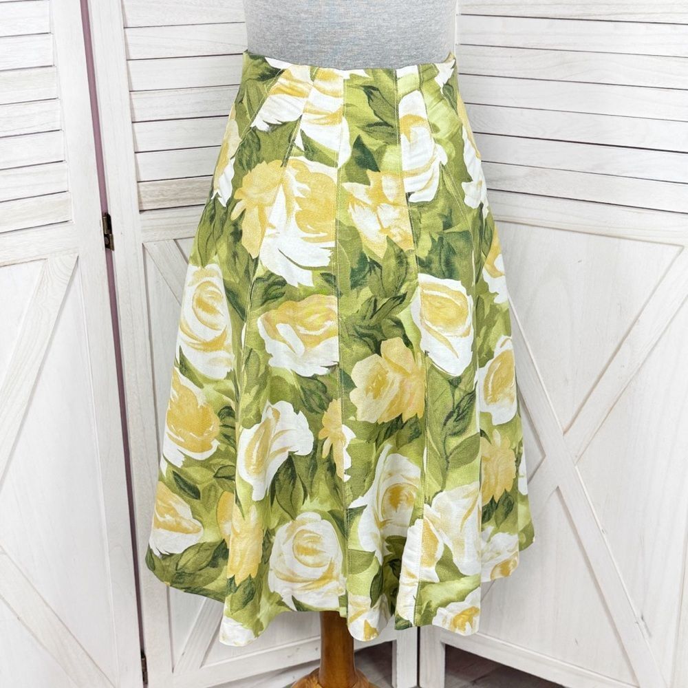 Premise Floral Roses Linen Blend A Line Flare Midi Skirt Lime Green Yellow 4‎